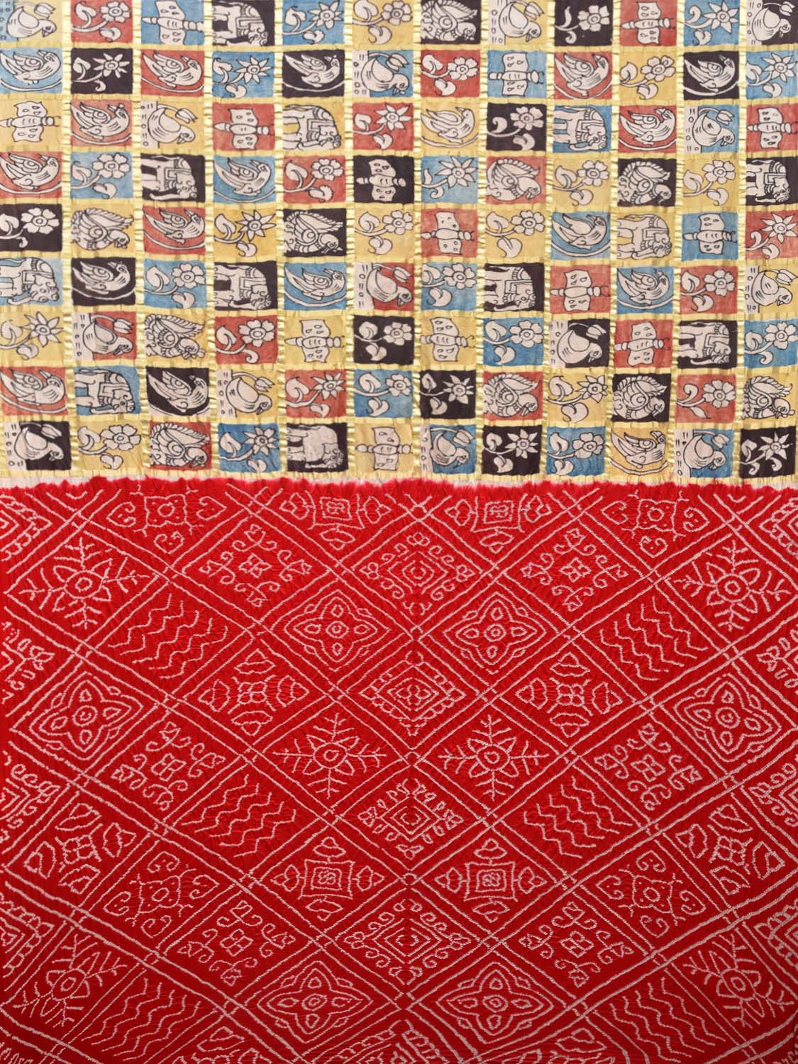 Red Bandhani Silk Handloom Saree with Kalamkari Checks Pallu Design bn0159