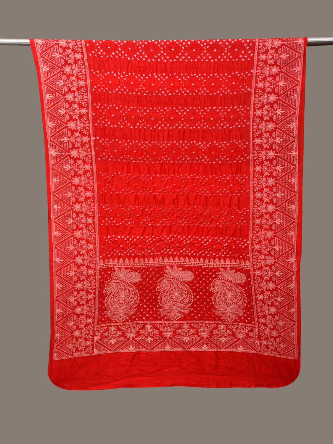 Red Bandhani Silk Stole with Embroidary Work Design ds3080