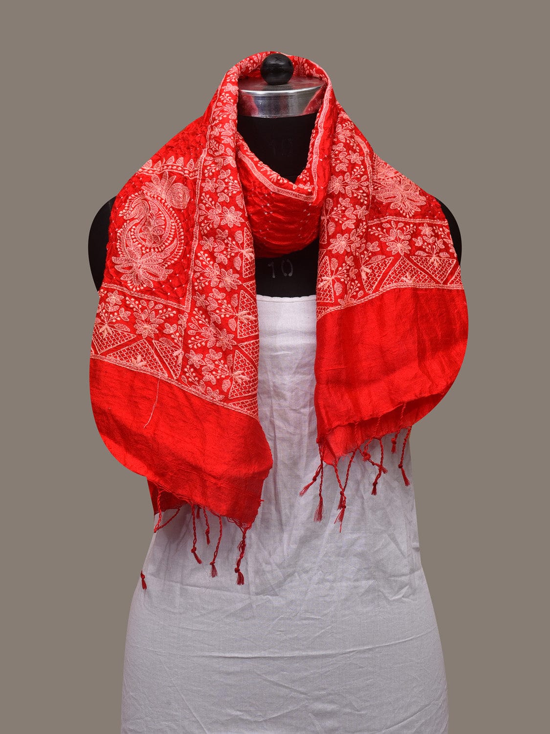 Red Bandhani Silk Stole with Embroidary Work Design ds3080