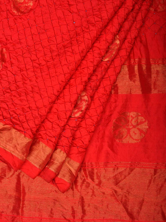Red Bandhani Uppada Silk Handloom Saree with Nilambari Buta Design bn0172