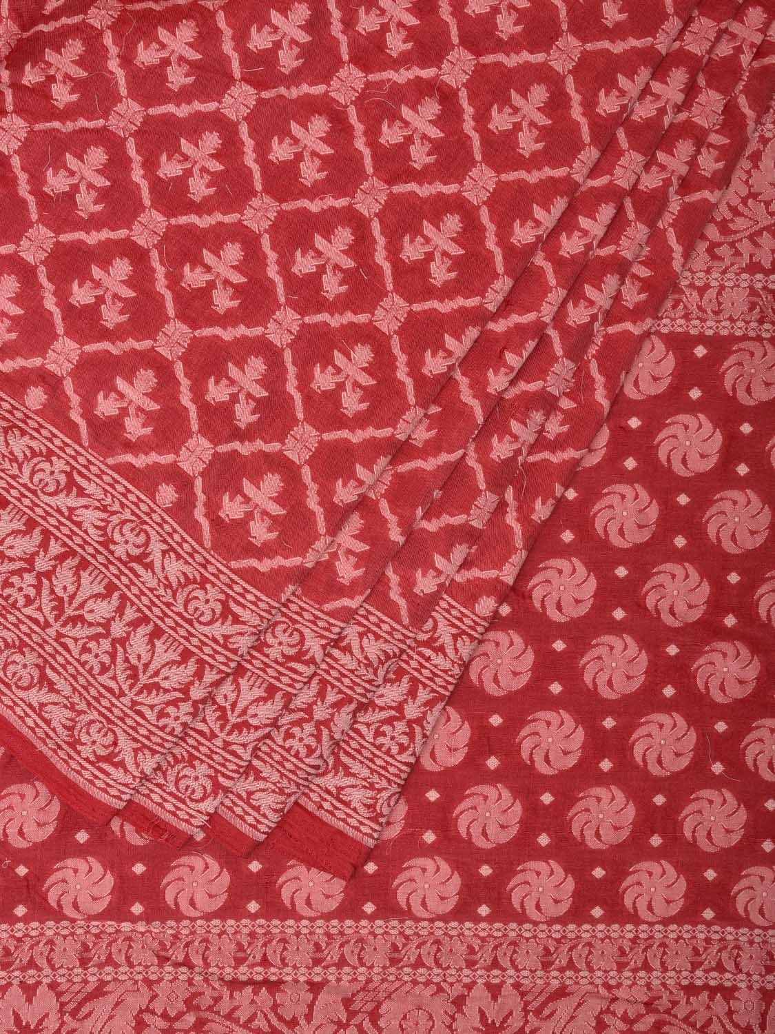 Red Cotton Cut Work Handloom Saree with All Over Grill Design o0386
