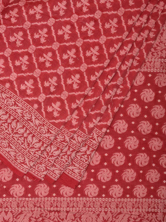 Red Cotton Cut Work Handloom Saree with All Over Grill Design o0386