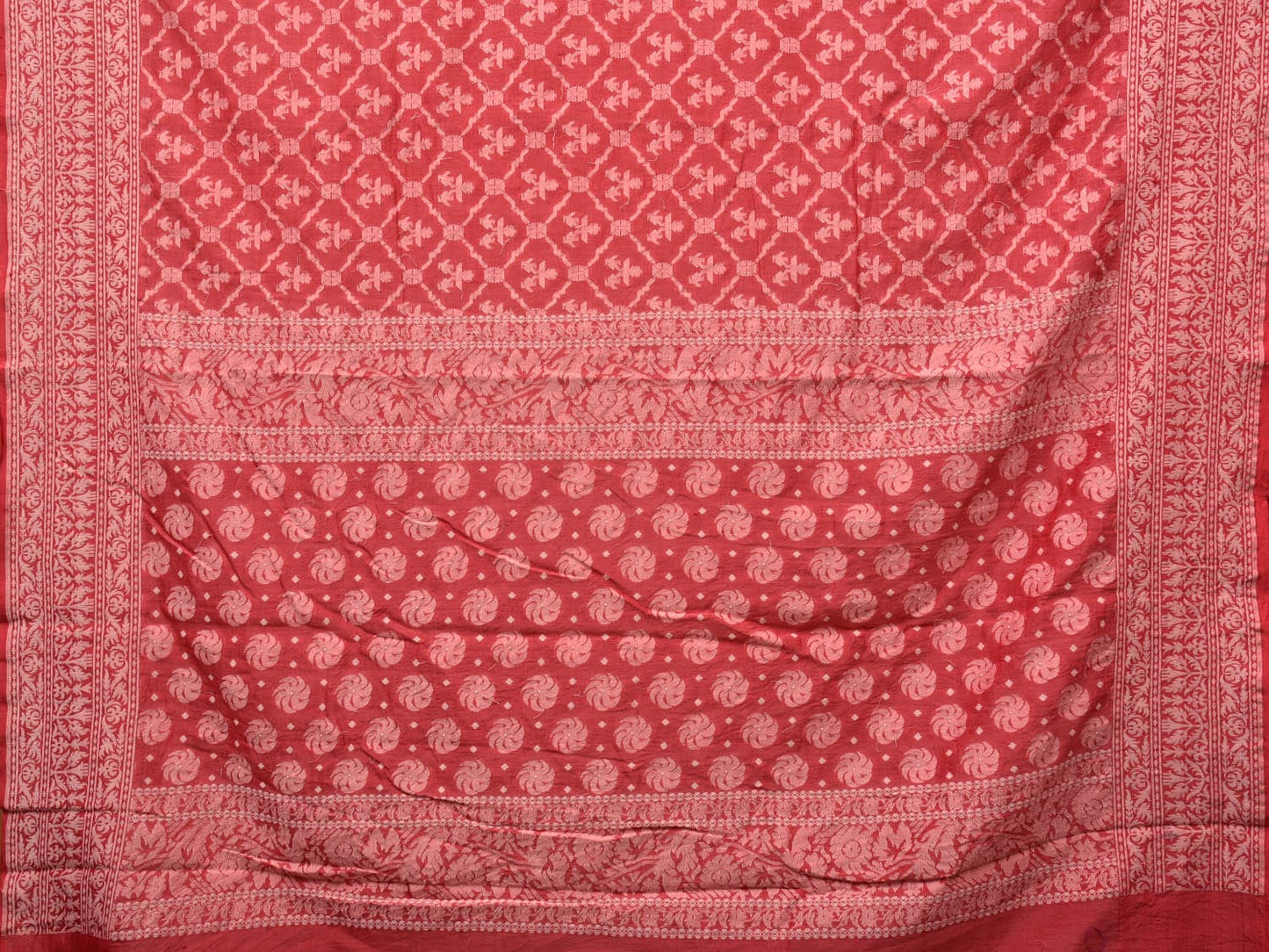 Red Cotton Cut Work Handloom Saree with All Over Grill Design o0386