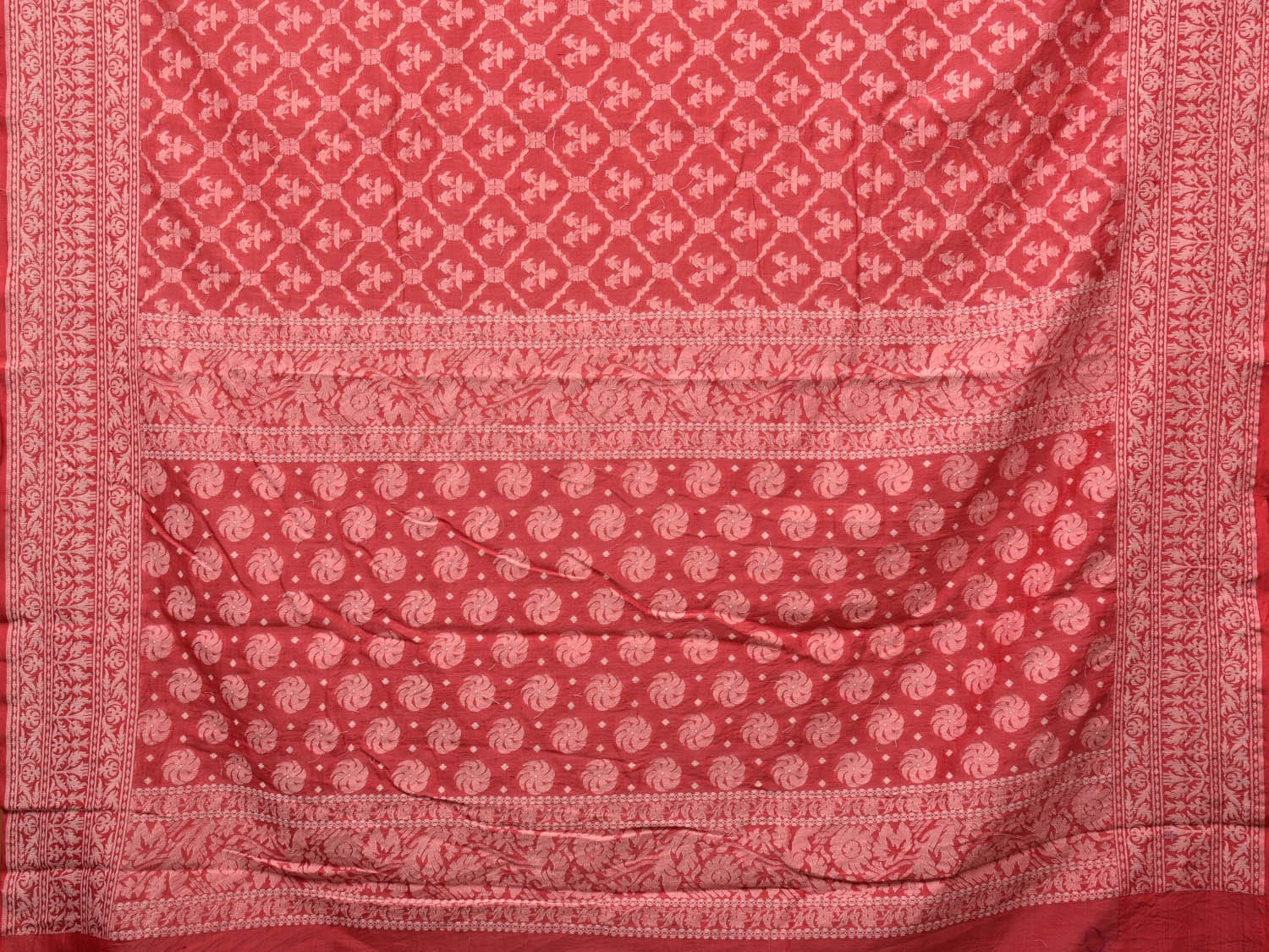 Red Cotton Cut Work Handloom Saree with All Over Grill Design o0386