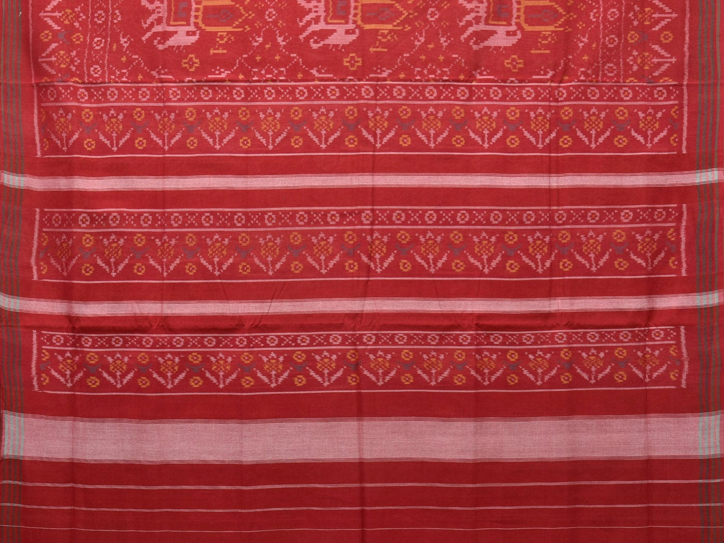Red Ikat Cotton Handloom Saree with Elephants Design i0811