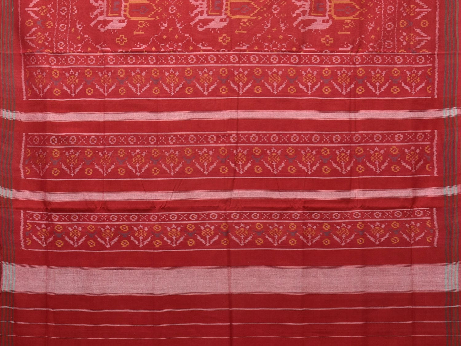 Red Ikat Cotton Handloom Saree with Elephants Design i0811