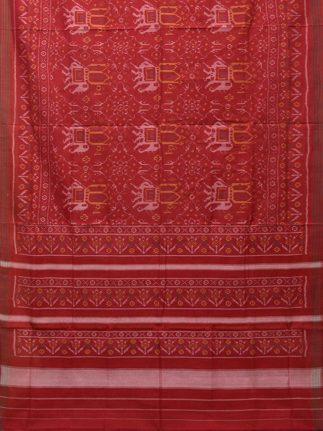 Red Ikat Cotton Handloom Saree with Elephants Design i0811