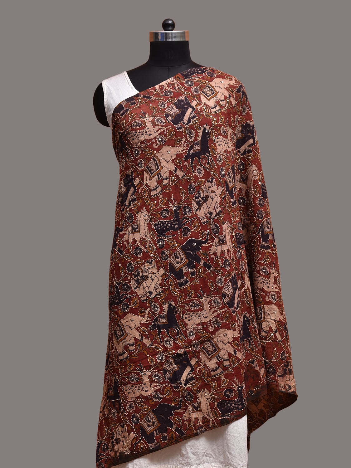 Red Kalamkari Block Print Cotton Dupatta with Animals and Kantha Work Design ds3756