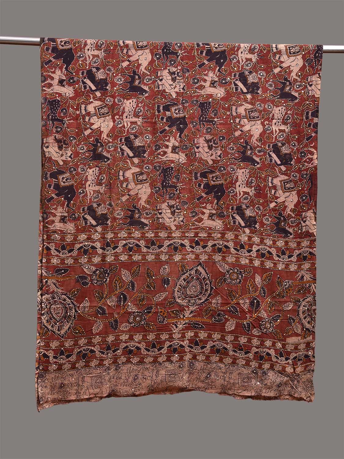 Red Kalamkari Block Print Cotton Dupatta with Animals and Kantha Work Design ds3756
