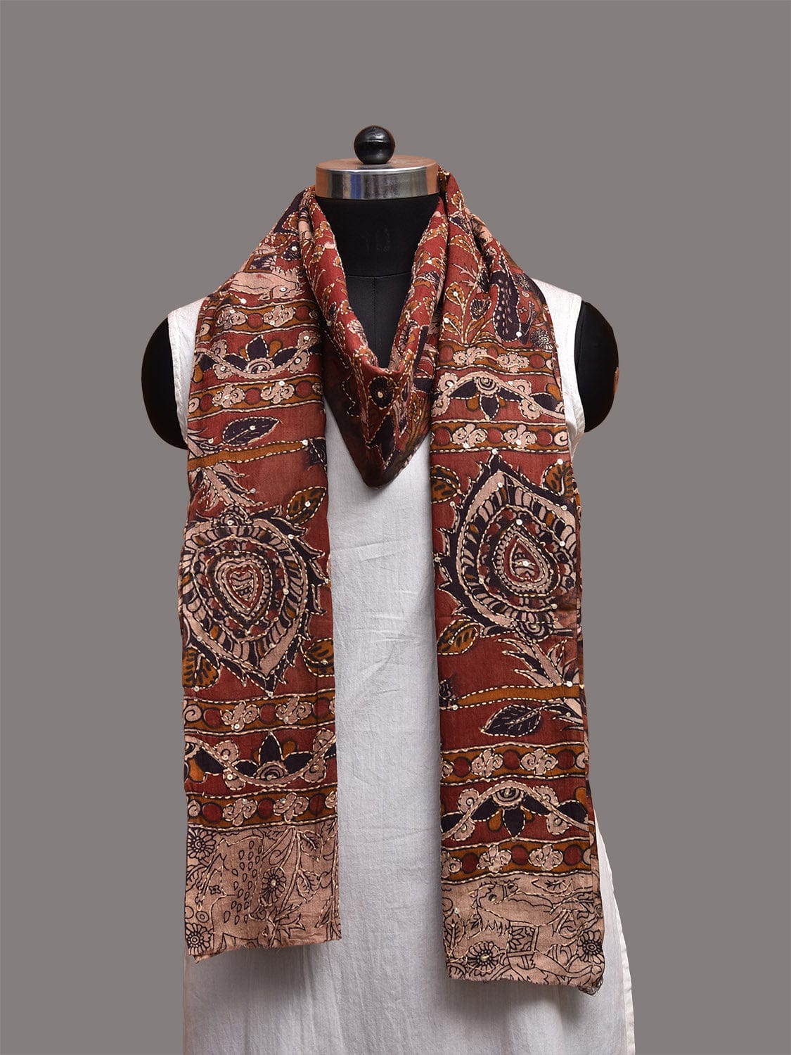 Red Kalamkari Block Print Cotton Dupatta with Animals and Kantha Work Design ds3756