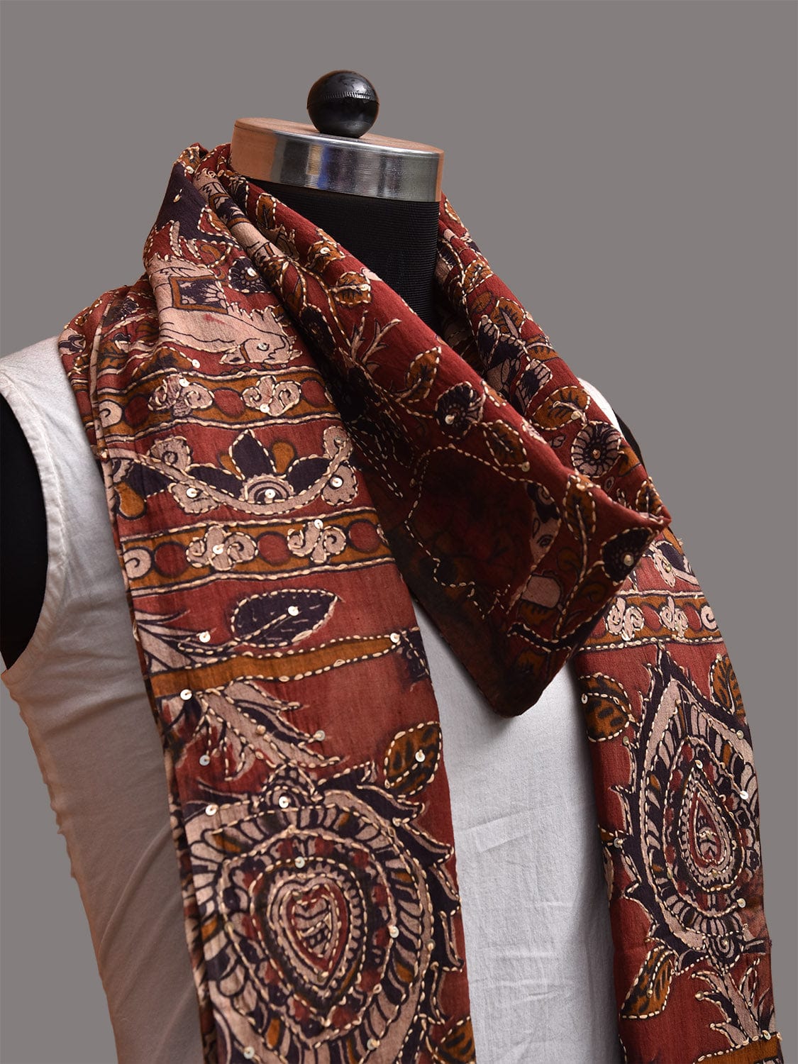 Red Kalamkari Block Print Cotton Dupatta with Animals and Kantha Work Design ds3756