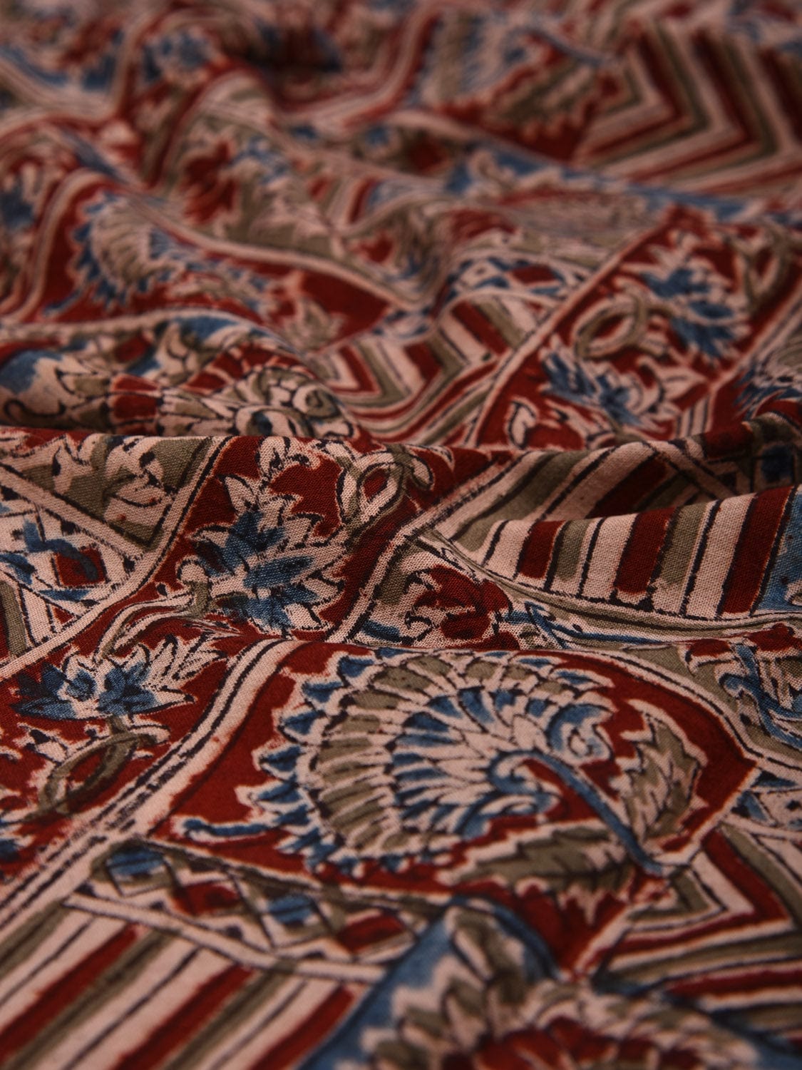 Red Kalamkari Hand Block Printed Cotton Natural Dye 2.5mts Fabric with Flowers and Geometrical Design f0202