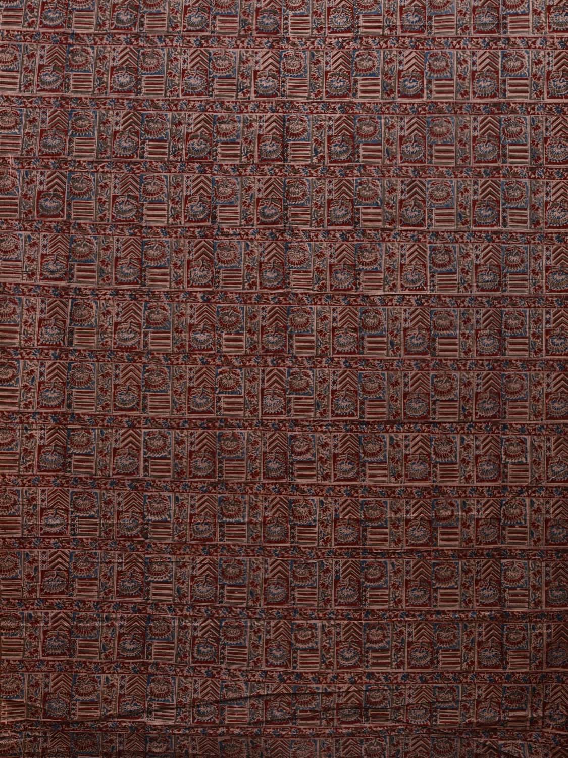 Red Kalamkari Hand Block Printed Cotton Natural Dye 2.5mts Fabric with Flowers and Geometrical Design f0202