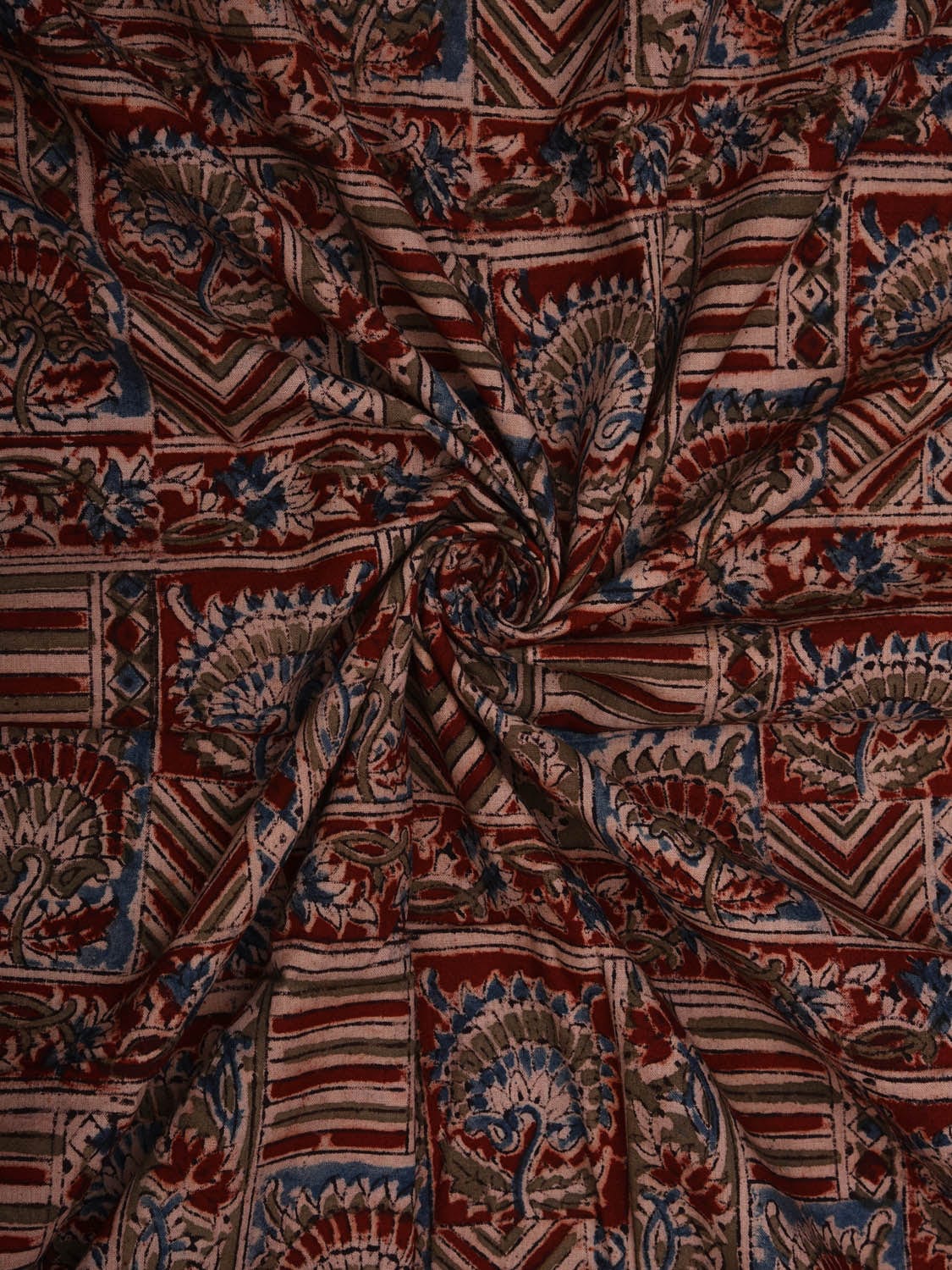 Red Kalamkari Hand Block Printed Cotton Natural Dye 2.5mts Fabric with Flowers and Geometrical Design f0202