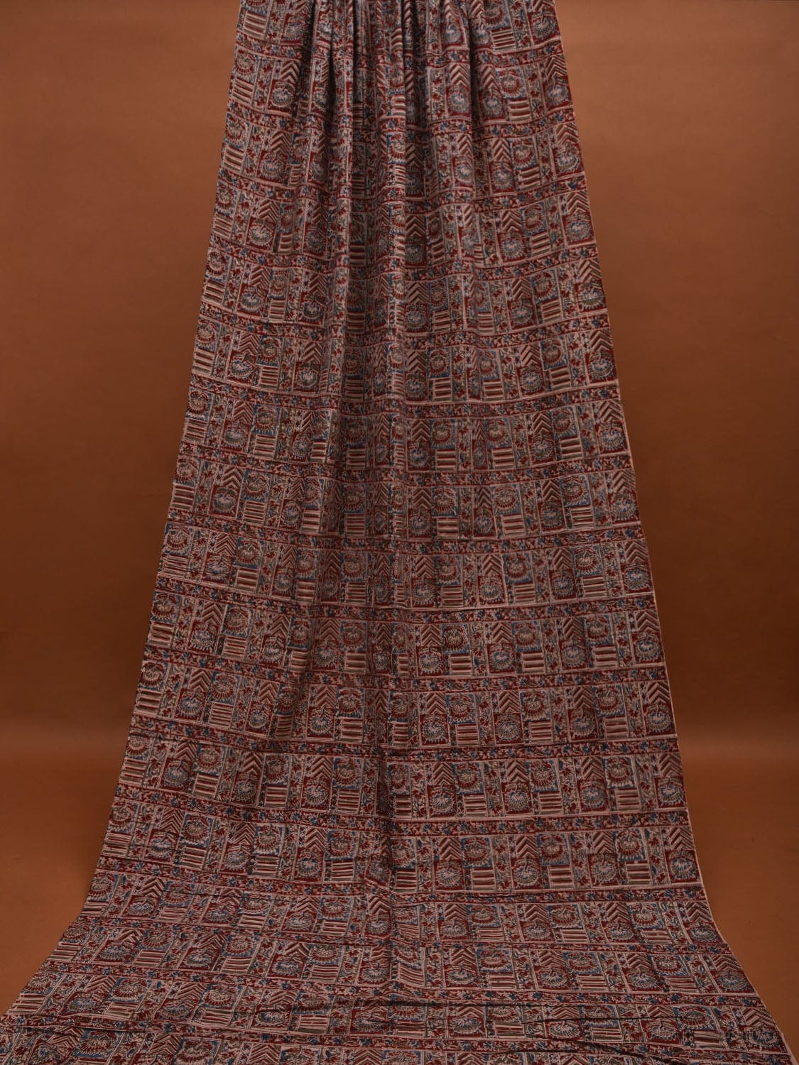 Red Kalamkari Hand Block Printed Cotton Natural Dye 2.5mts Fabric with Flowers and Geometrical Design f0202