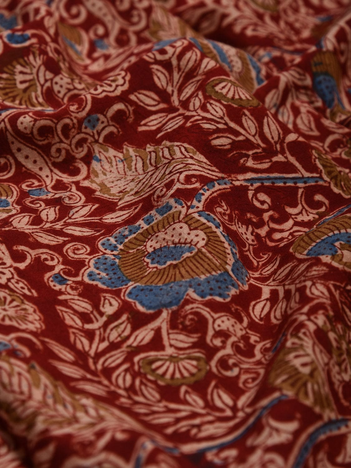 Red Kalamkari Hand Block Printed Cotton Natural Dye 2.5mts Fabric with Flowers and Leaves Design f0201