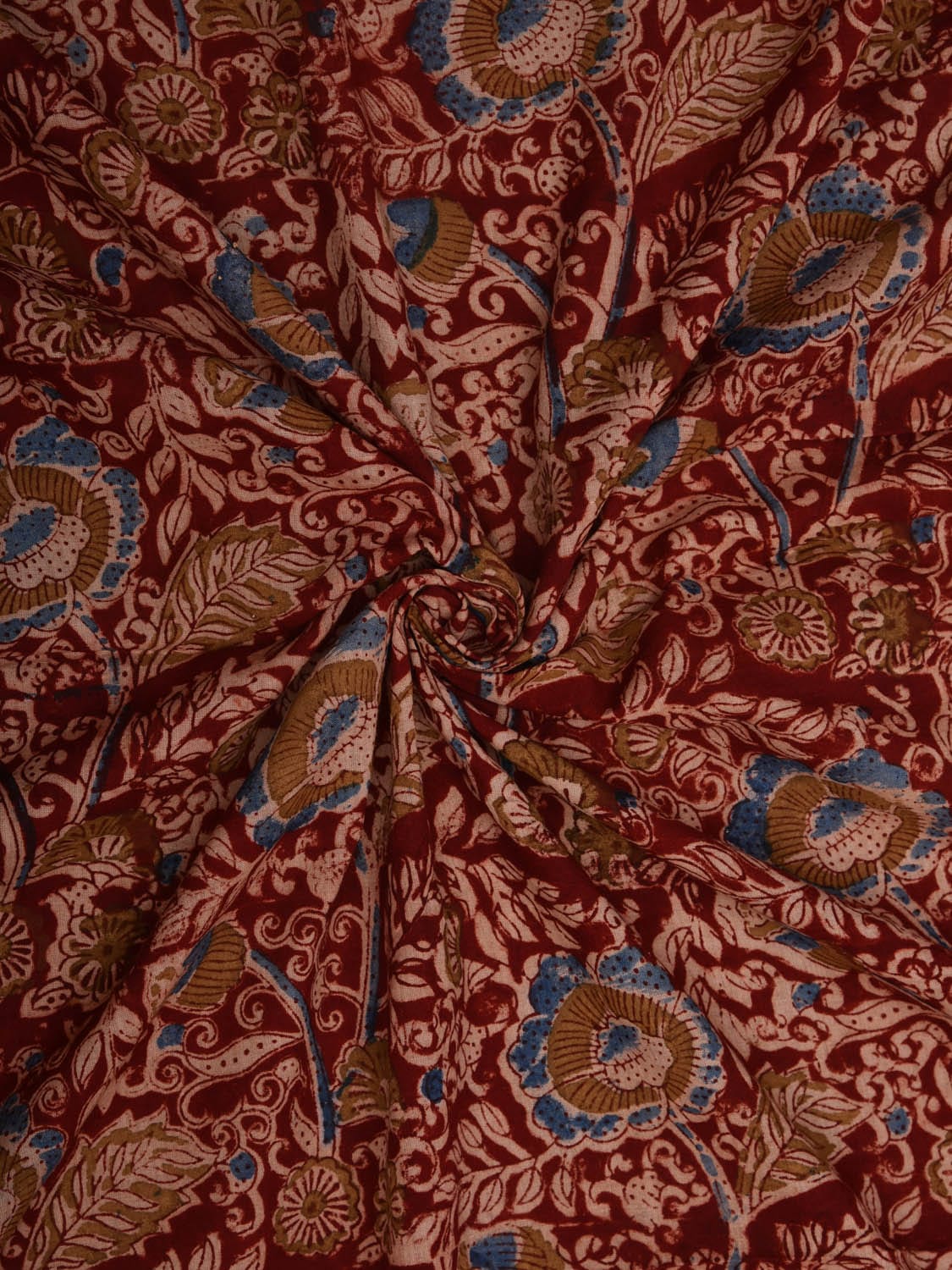 Red Kalamkari Hand Block Printed Cotton Natural Dye 2.5mts Fabric with Flowers and Leaves Design f0201
