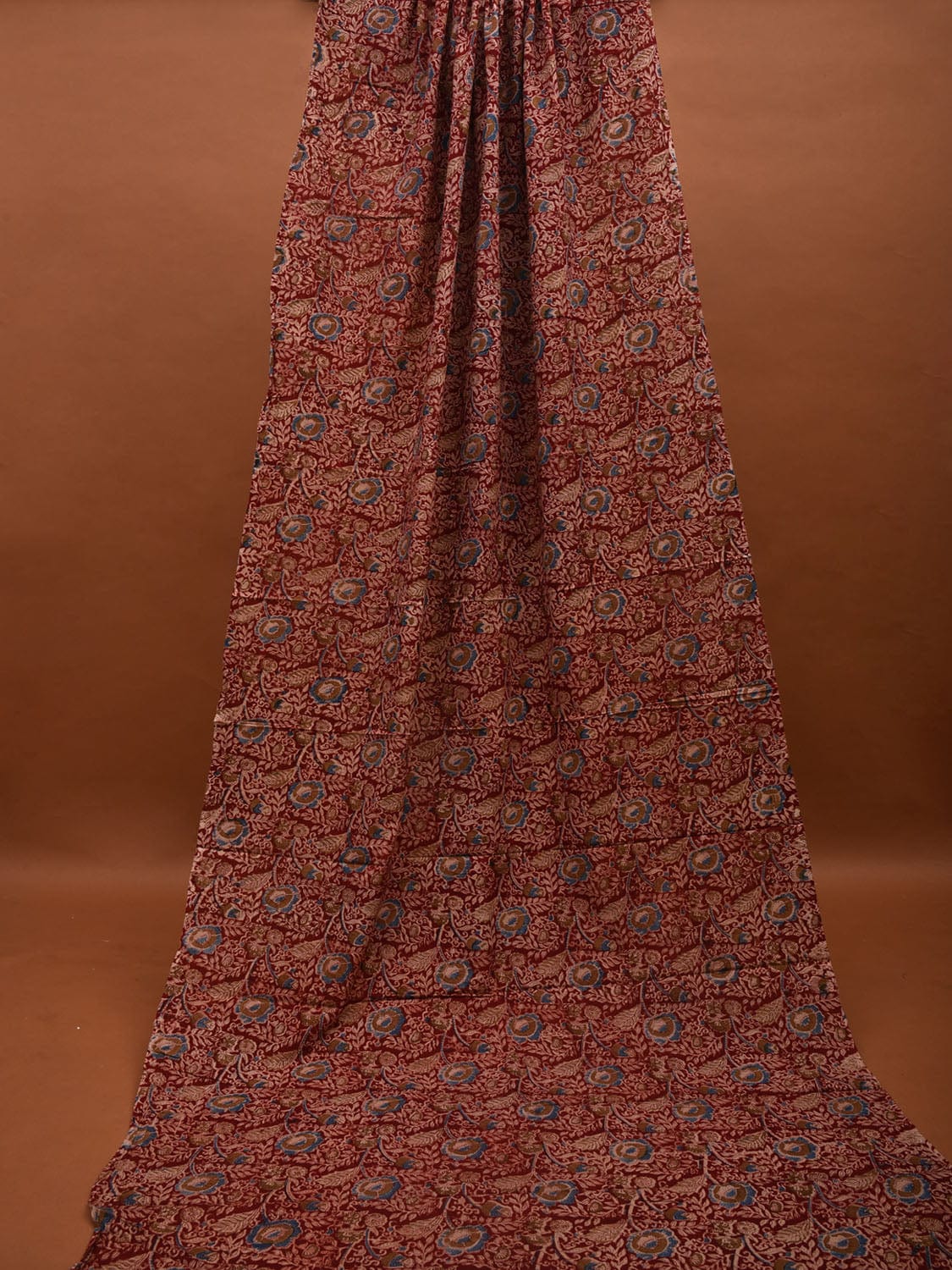 Red Kalamkari Hand Block Printed Cotton Natural Dye 2.5mts Fabric with Flowers and Leaves Design f0201