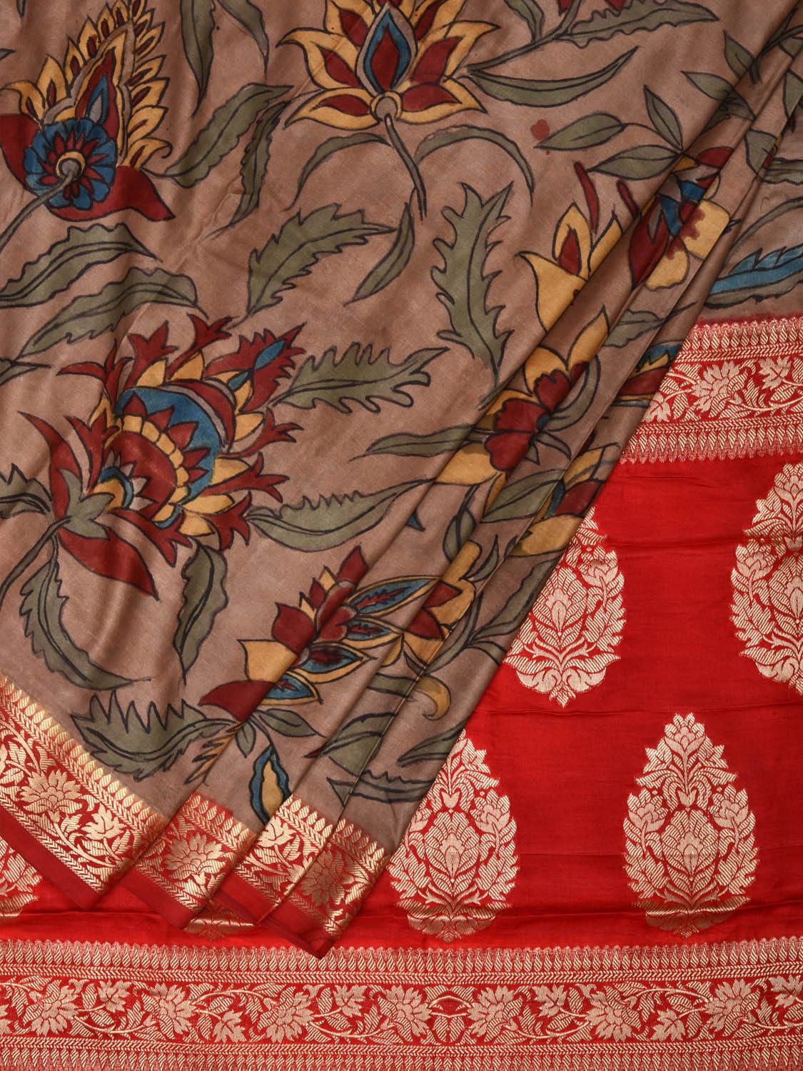 Red Kalamkari Hand Painted Banaras Satin Silk Saree with Floral Design KL0720