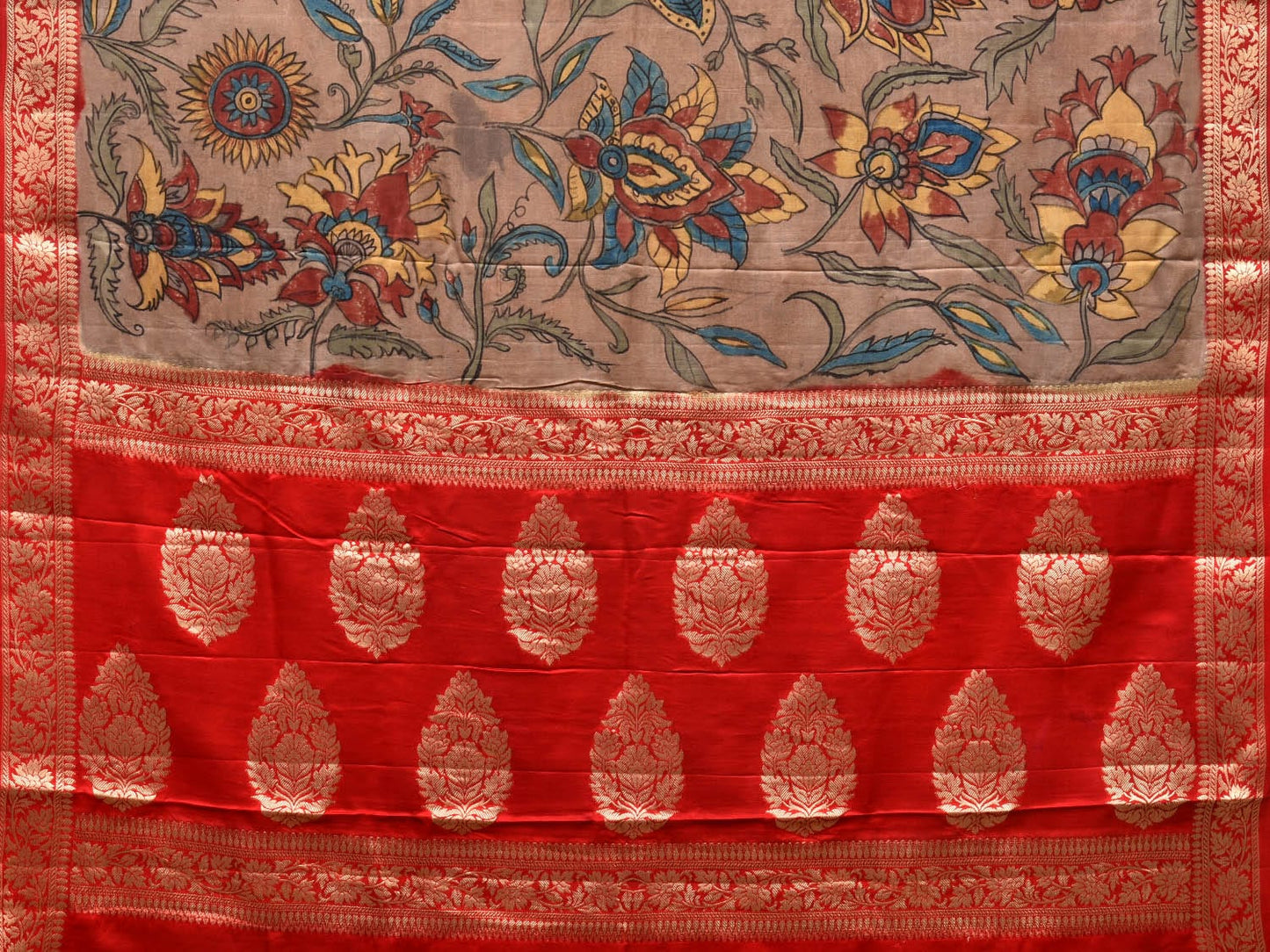 Red Kalamkari Hand Painted Banaras Satin Silk Saree with Floral Design KL0720