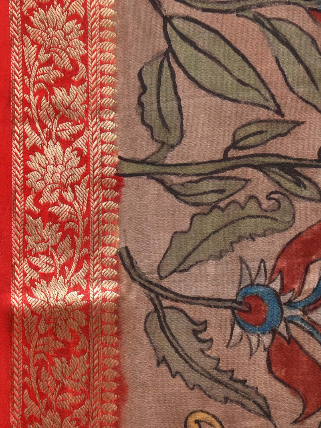 Red Kalamkari Hand Painted Banaras Satin Silk Saree with Floral Design KL0720