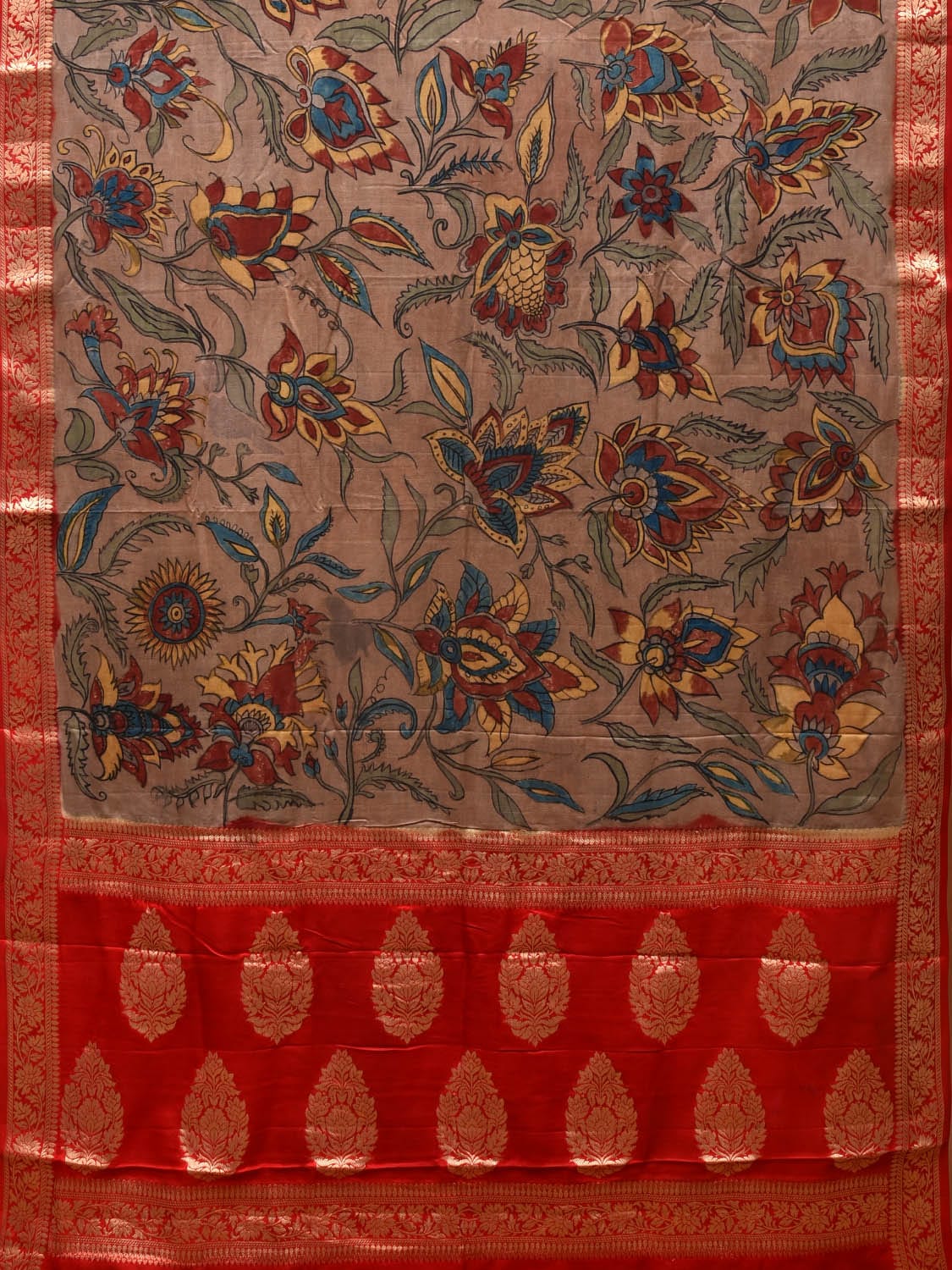 Red Kalamkari Hand Painted Banaras Satin Silk Saree with Floral Design KL0720