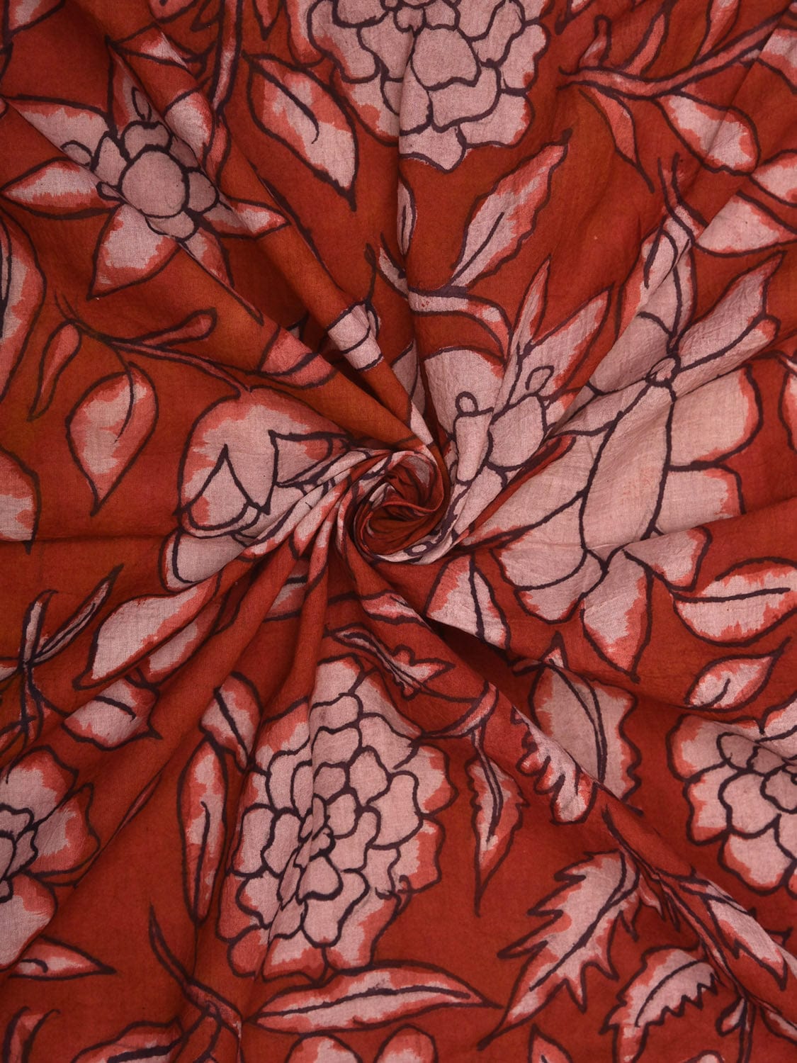 Red Kalamkari Hand Painted Cotton Handloom 3mts Fabric with Floral Design f0205