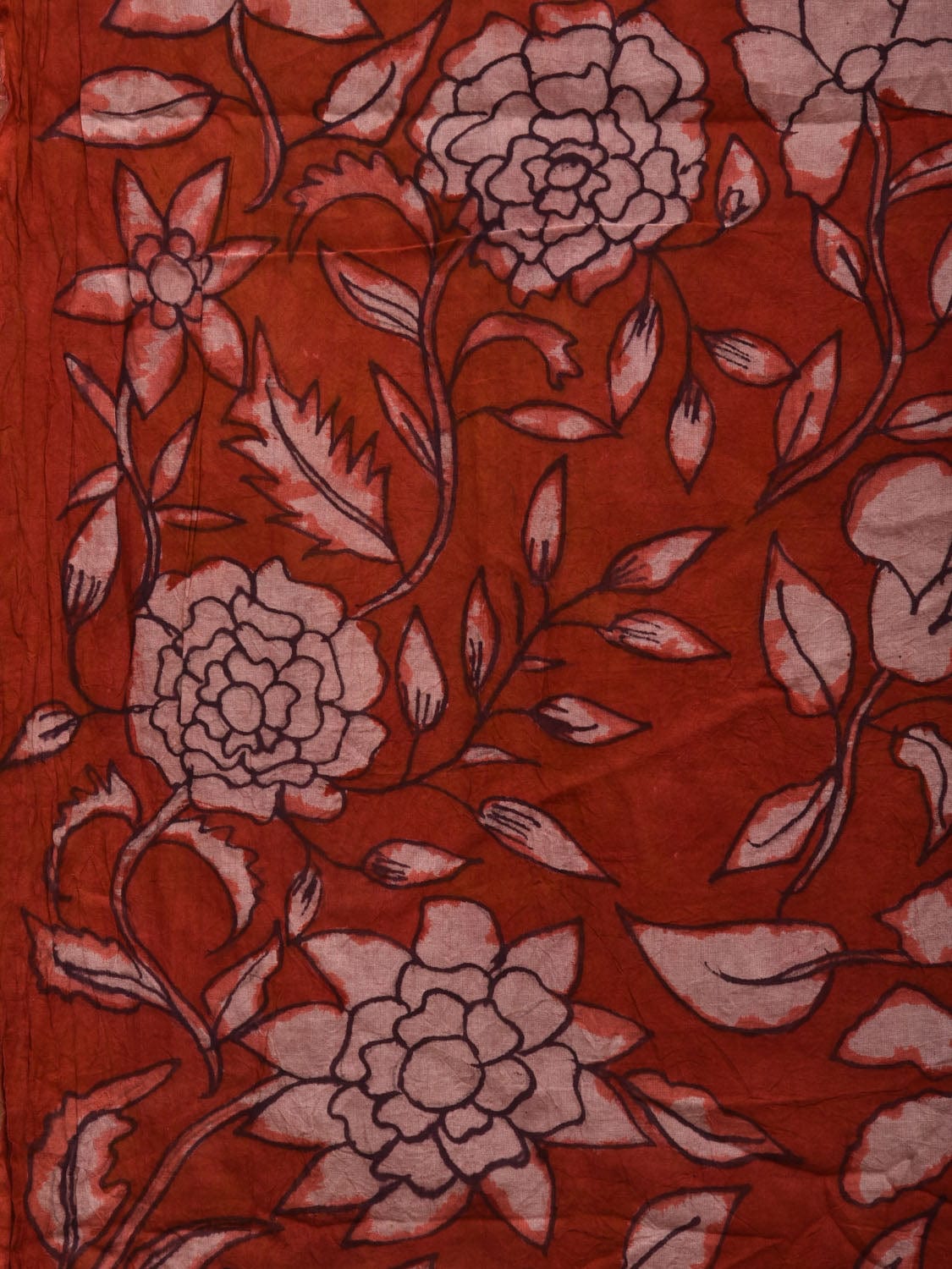 Red Kalamkari Hand Painted Cotton Handloom 3mts Fabric with Floral Design f0205