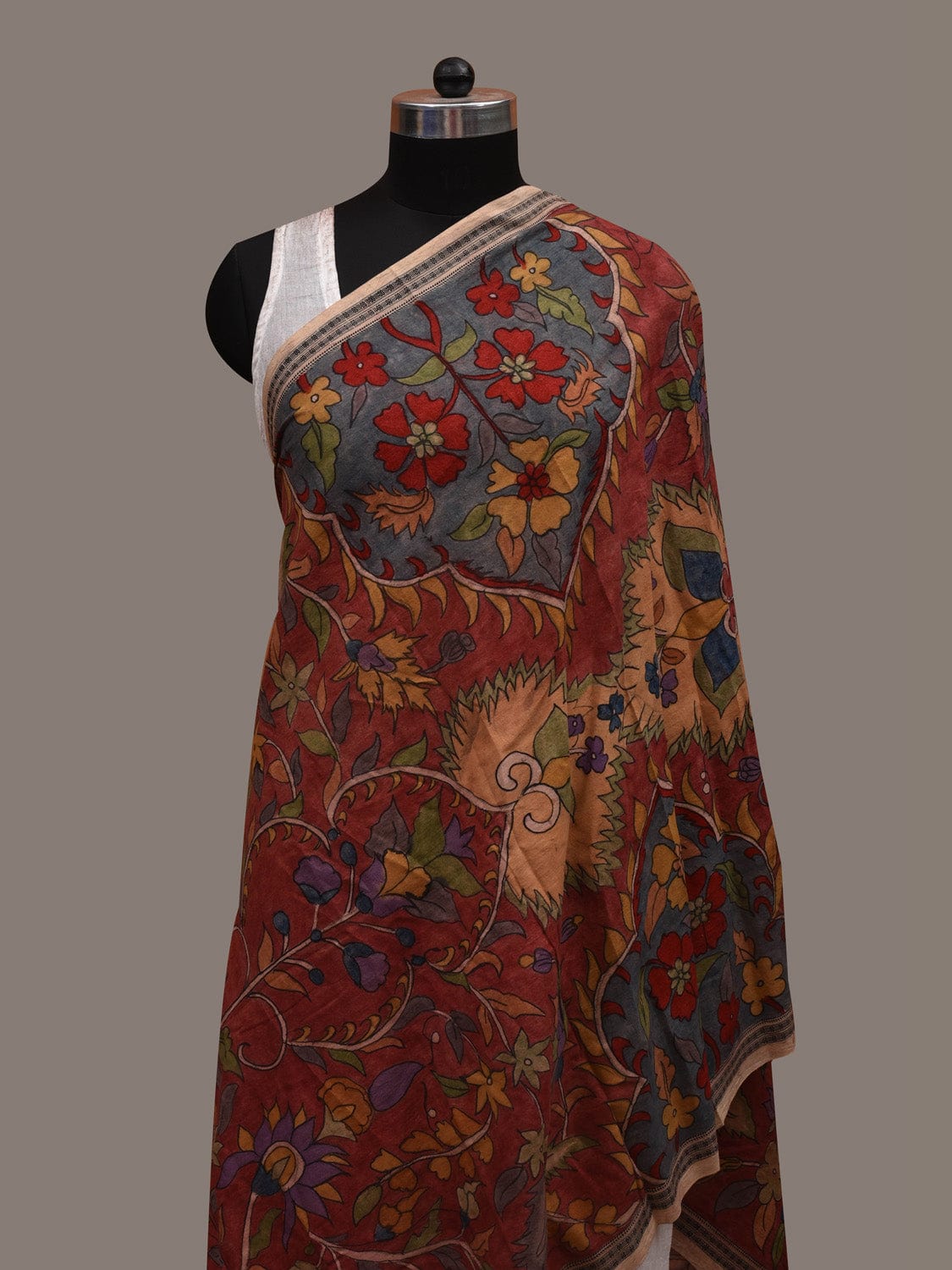 Red Kalamkari Hand Painted Cotton Handloom Dupatta with Dobi Border and Floral Design ds2959