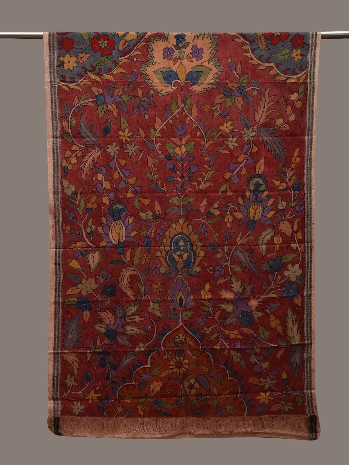 Red Kalamkari Hand Painted Cotton Handloom Dupatta with Dobi Border and Floral Design ds2959