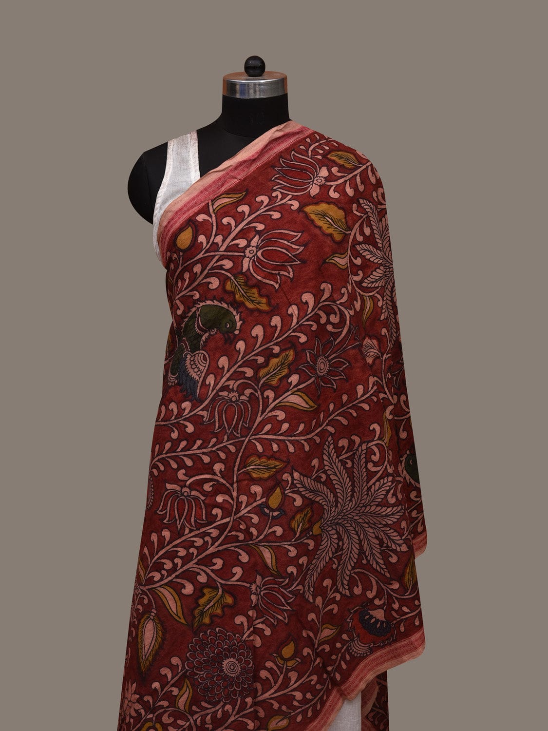 Red Kalamkari Hand Painted Cotton Handloom Dupatta with Floral and Doby Border Design ds2970
