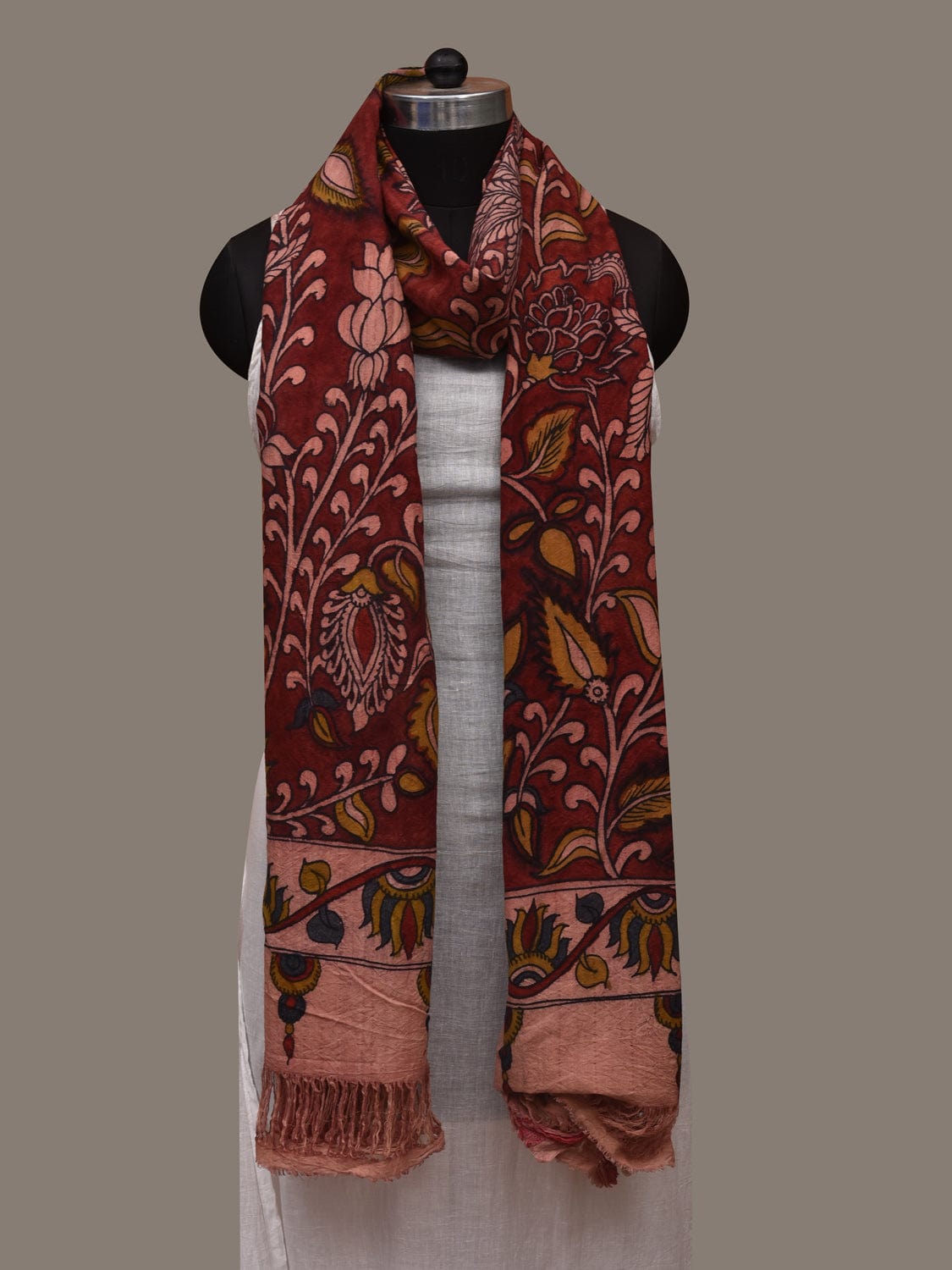 Red Kalamkari Hand Painted Cotton Handloom Dupatta with Floral and Doby Border Design ds2970