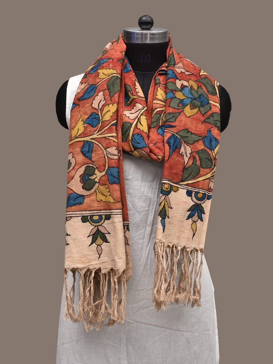 Red Kalamkari Hand Painted Cotton Handloom Dupatta with Floral Design ds2275