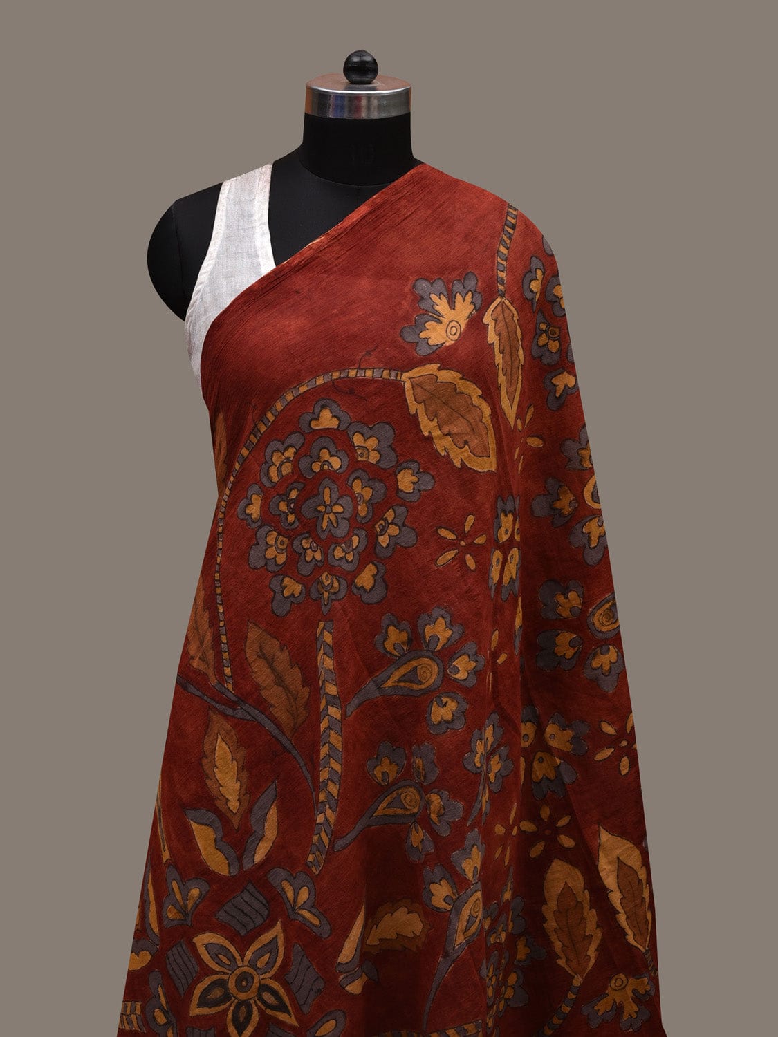 Red Kalamkari Hand Painted Cotton Handloom Dupatta with Floral Design ds2736