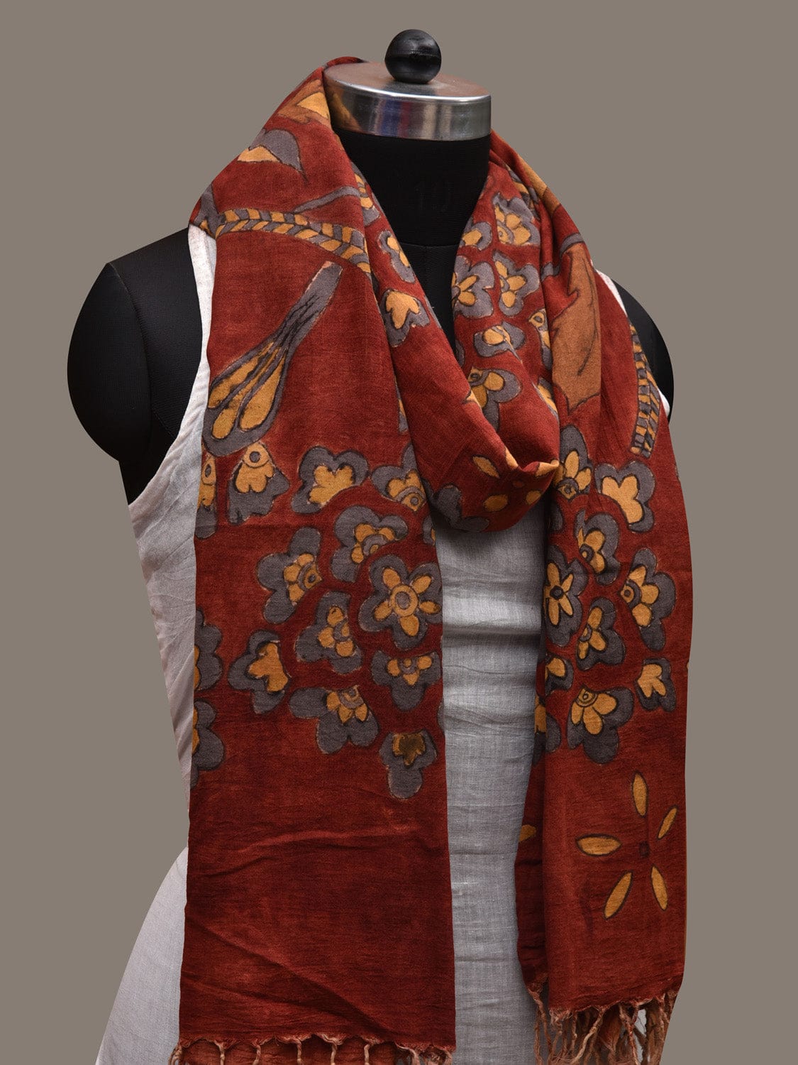 Red Kalamkari Hand Painted Cotton Handloom Dupatta with Floral Design ds2736