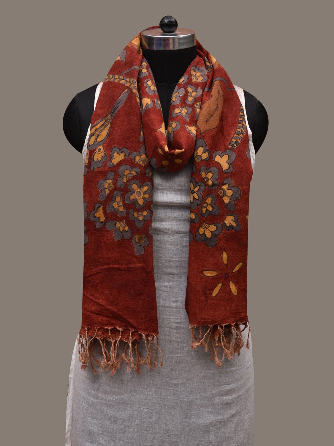 Red Kalamkari Hand Painted Cotton Handloom Dupatta with Floral Design ds2736