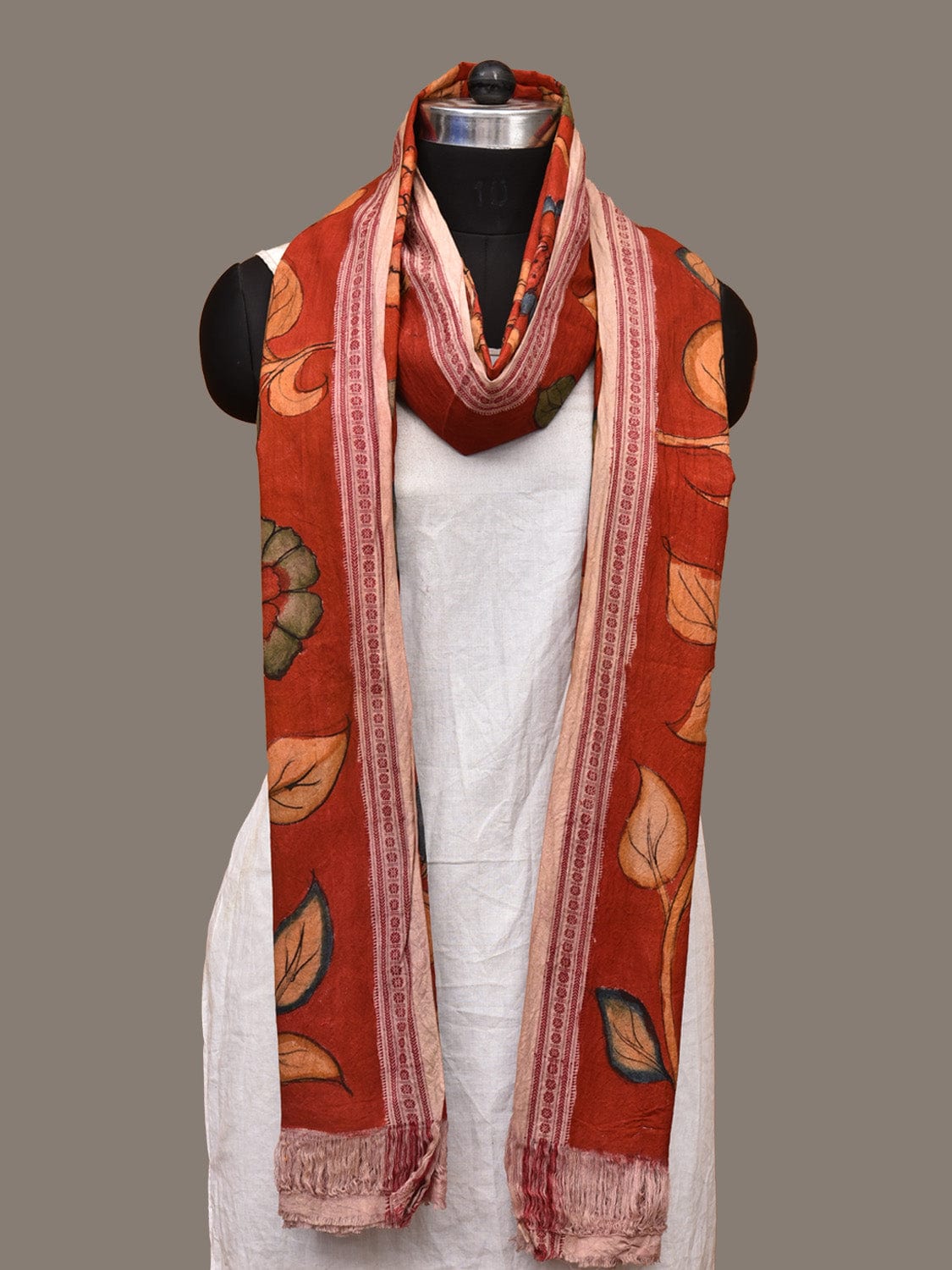 Red Kalamkari Hand Painted Cotton Handloom Dupatta with Floral Design ds3228