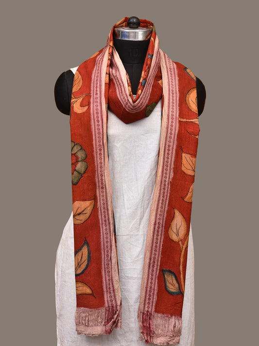 Red Kalamkari Hand Painted Cotton Handloom Dupatta with Floral Design ds3228