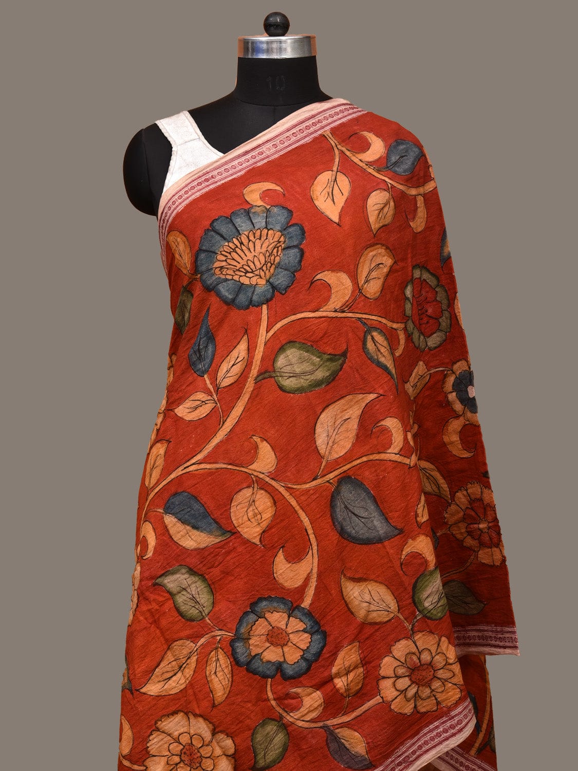 Red Kalamkari Hand Painted Cotton Handloom Dupatta with Floral Design ds3228