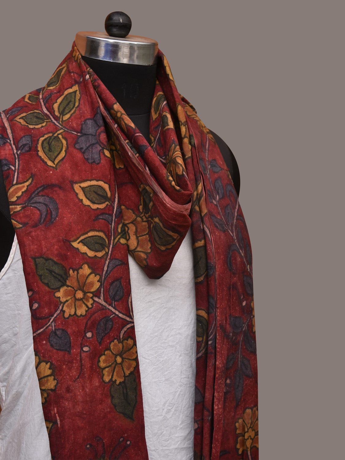 Red Kalamkari Hand Painted Cotton Handloom Dupatta with Floral Design ds3449