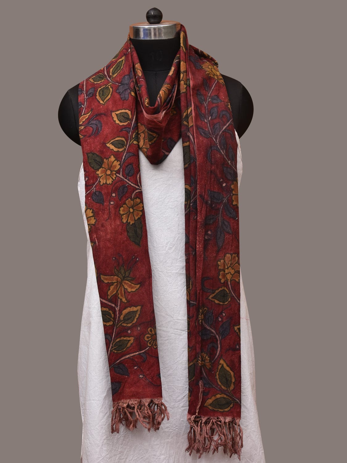 Red Kalamkari Hand Painted Cotton Handloom Dupatta with Floral Design ds3449