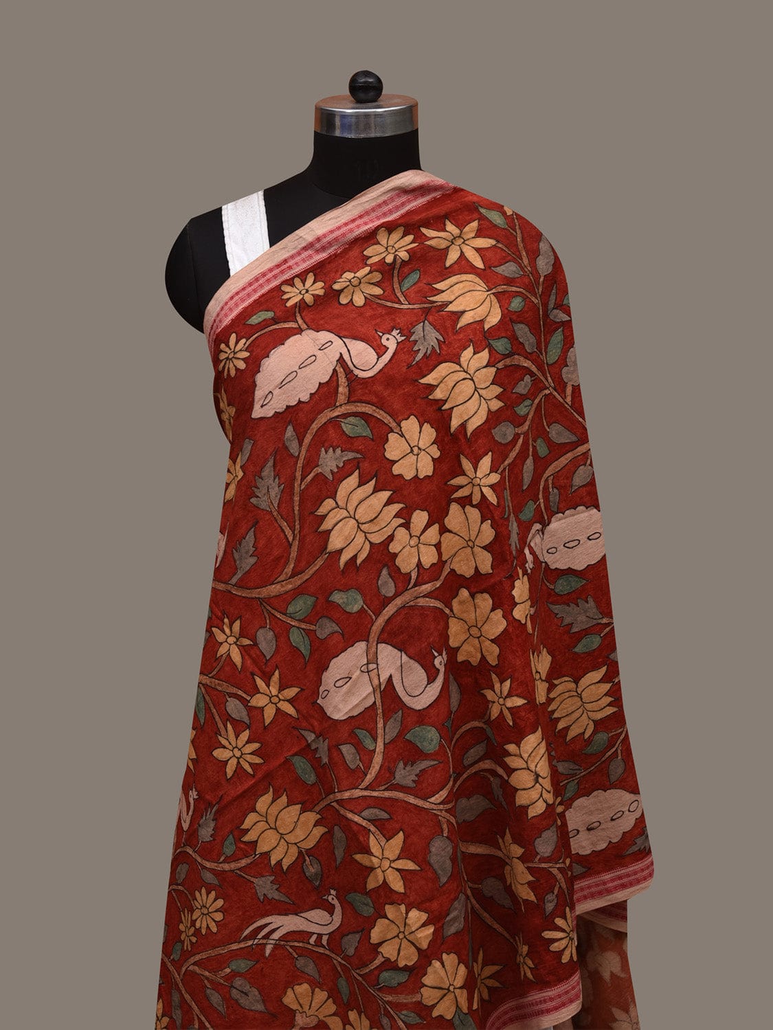 Red Kalamkari Hand Painted Cotton Handloom Dupatta with Floral-Peacock and Doby Border Design ds3117