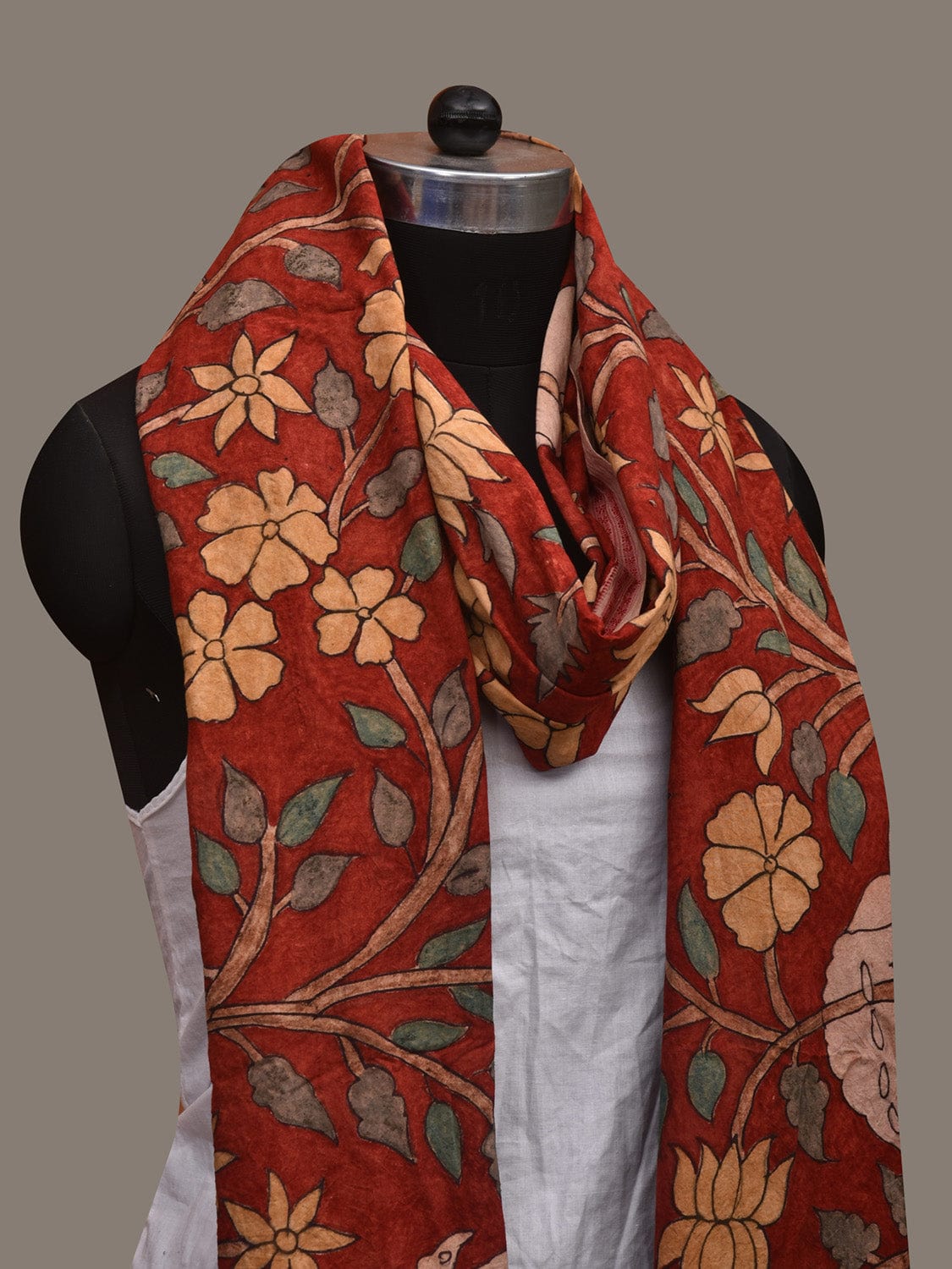 Red Kalamkari Hand Painted Cotton Handloom Dupatta with Floral-Peacock and Doby Border Design ds3117