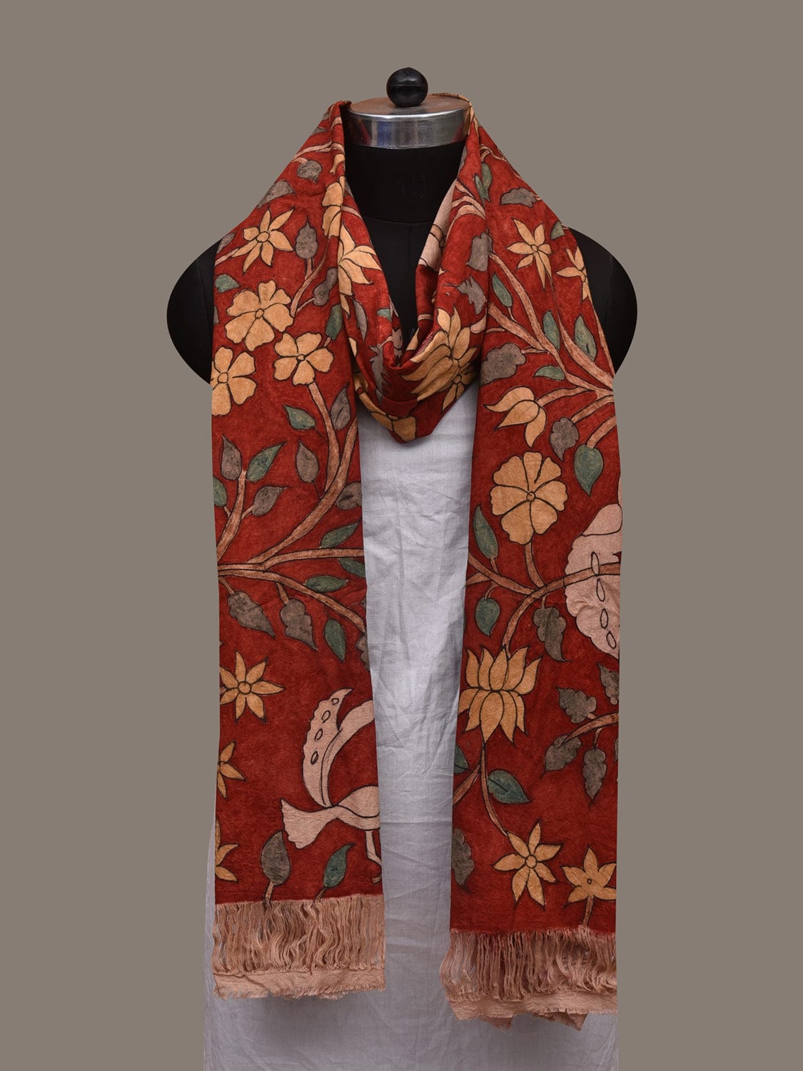Red Kalamkari Hand Painted Cotton Handloom Dupatta with Floral-Peacock and Doby Border Design ds3117