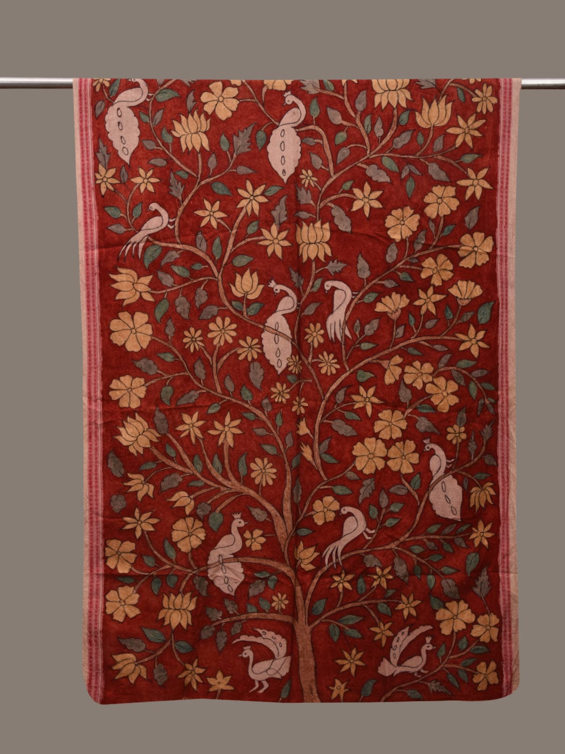 Red Kalamkari Hand Painted Cotton Handloom Dupatta with Floral-Peacock and Doby Border Design ds3117