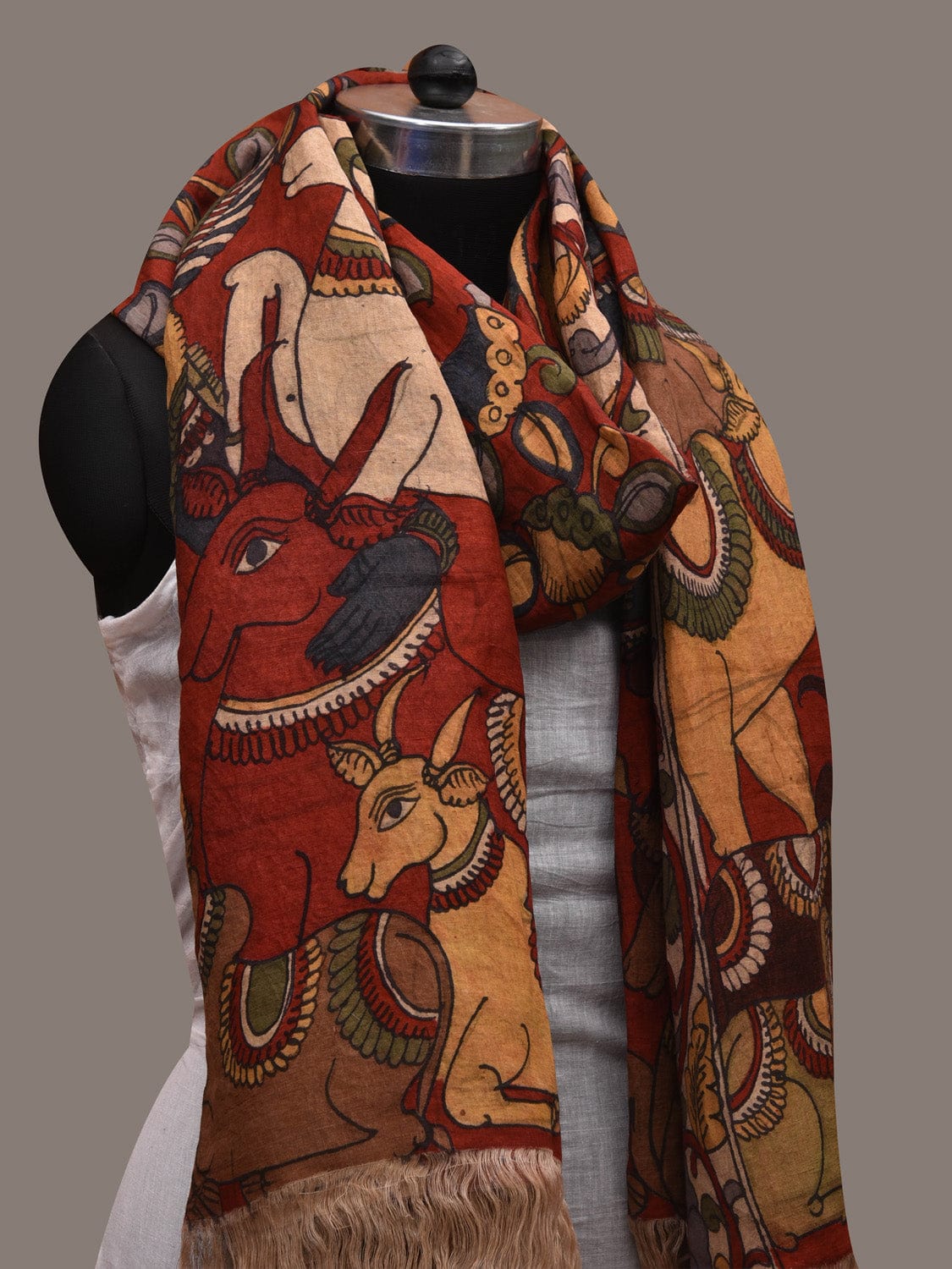 Red Kalamkari Hand Painted Cotton Handloom Dupatta with Kirshna and Cows Design ds2674