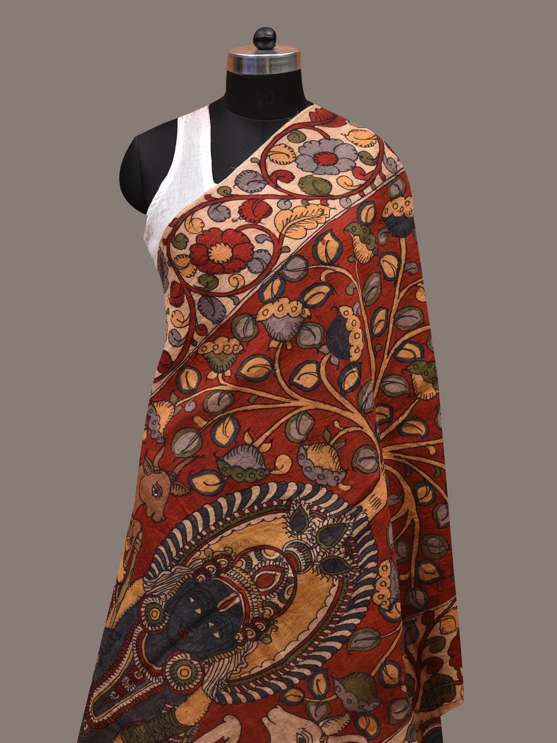 Red Kalamkari Hand Painted Cotton Handloom Dupatta with Kirshna and Cows Design ds2674