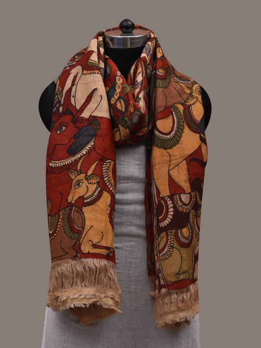Red Kalamkari Hand Painted Cotton Handloom Dupatta with Kirshna and Cows Design ds2674