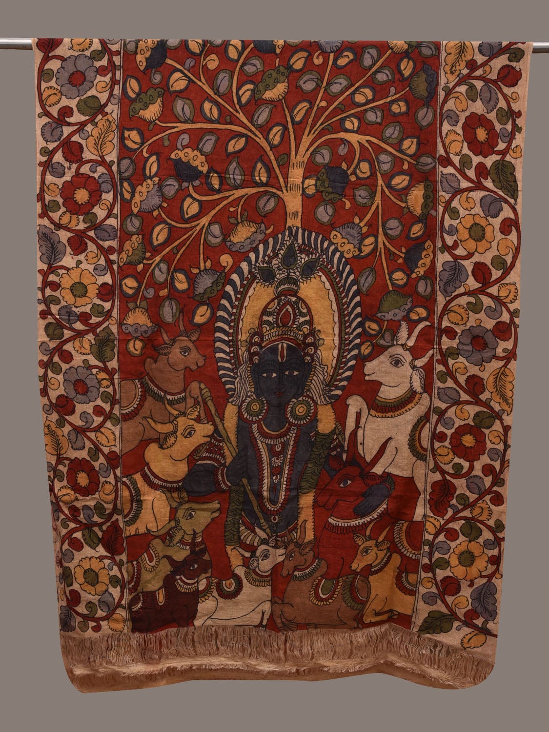 Red Kalamkari Hand Painted Cotton Handloom Dupatta with Kirshna and Cows Design ds2674
