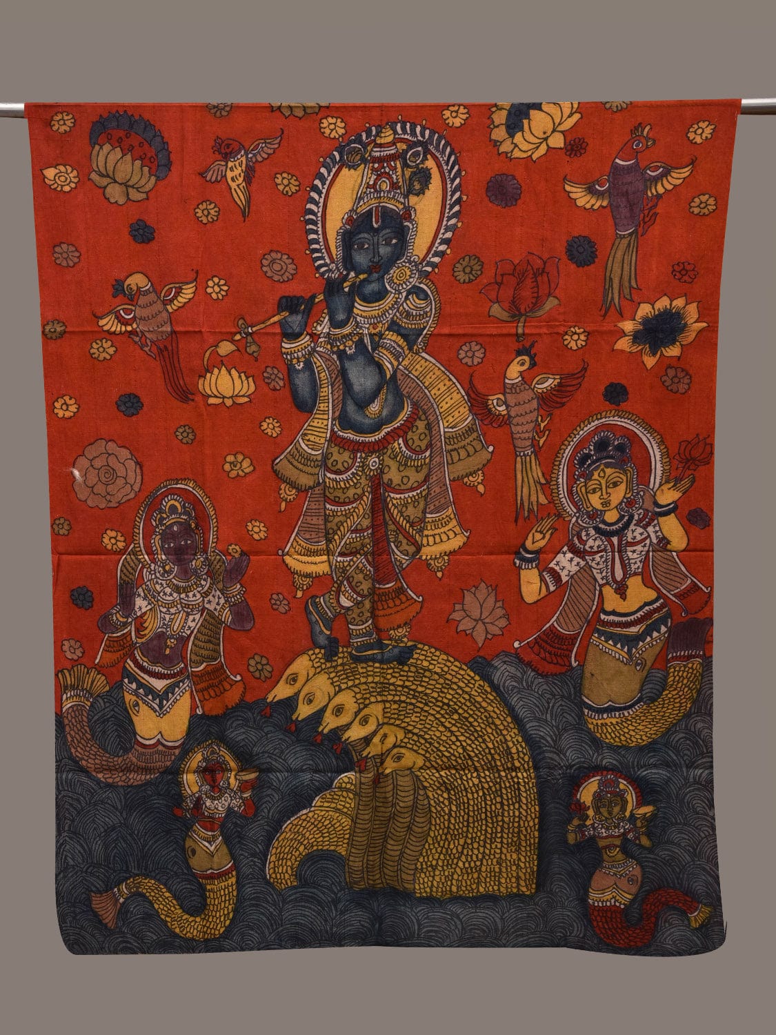 Red Kalamkari Hand Painted Cotton Handloom Dupatta with Kirshna and Nag Design ds2672